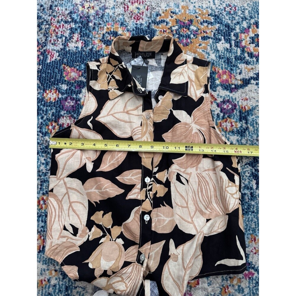 NWT Rachel Zoe Blue and Tan Floral Sleeveless Tie Blouse Linen Rayon Blend Sz XS - Picture 6 of 7